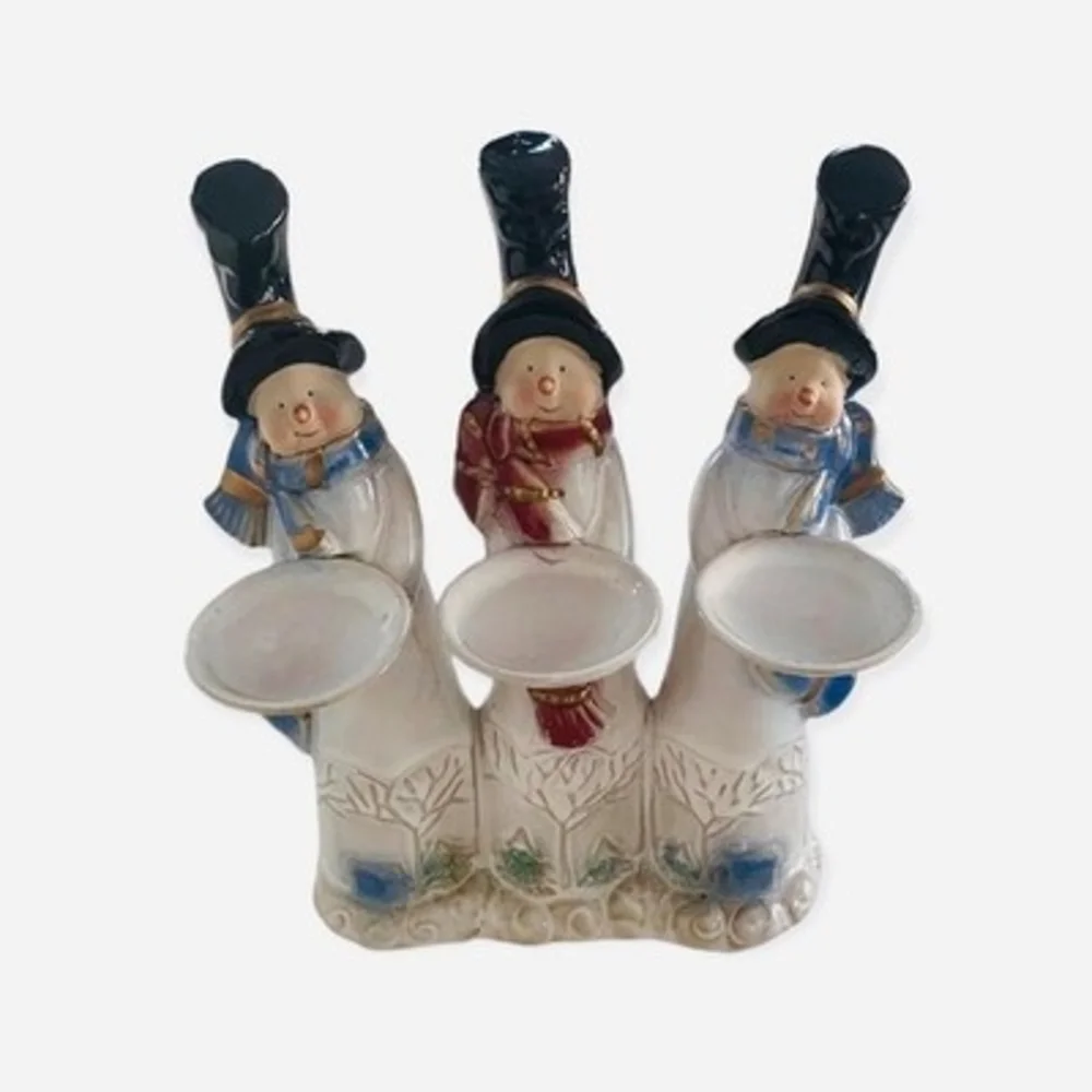 Vintage ELEMENTS Snowmen Trio Candle Holder Ceramic Christmas Tabletop Figurine